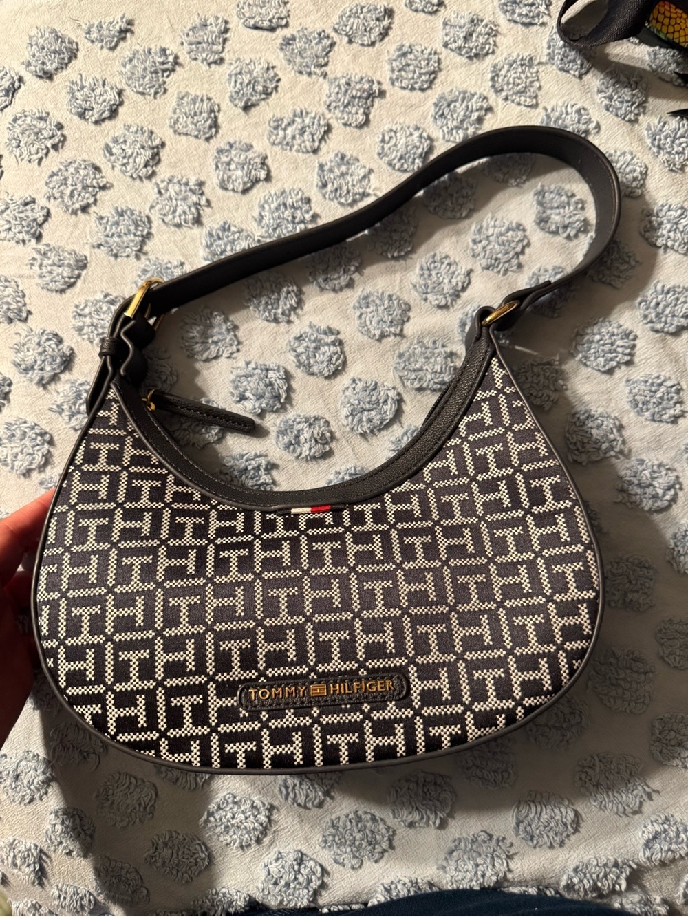 Brand NEW no tags Tommy Hilfiger Black & White Monogram Crescent Shoulder Bag